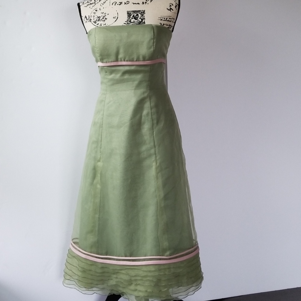 B2 ▪ Women's Gorgeous Sage Green Organza Strapless Dress, Size 6, EUC